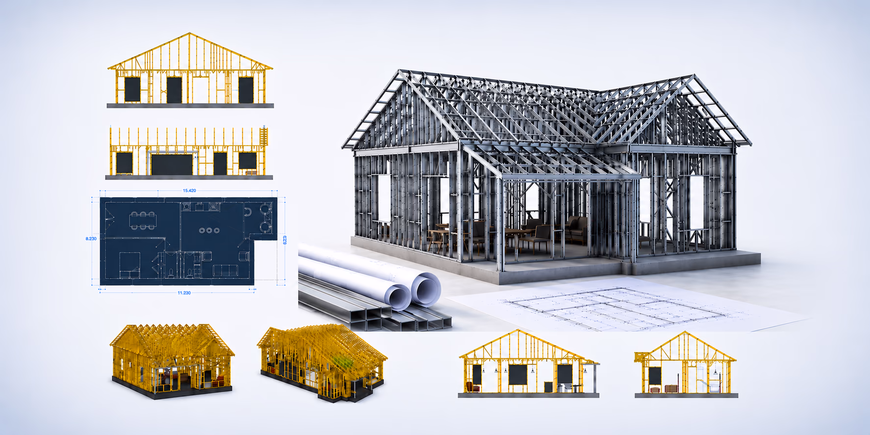 Light Gauge Steel house frame BIM model with shop drawings and steel profiles