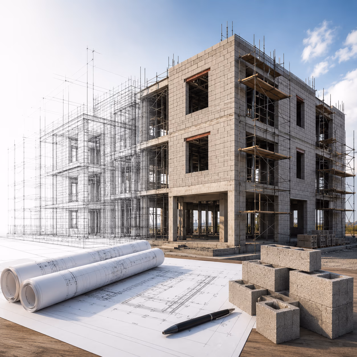 Masonry shop drawings — blueprints, concrete blocks, and building under construction