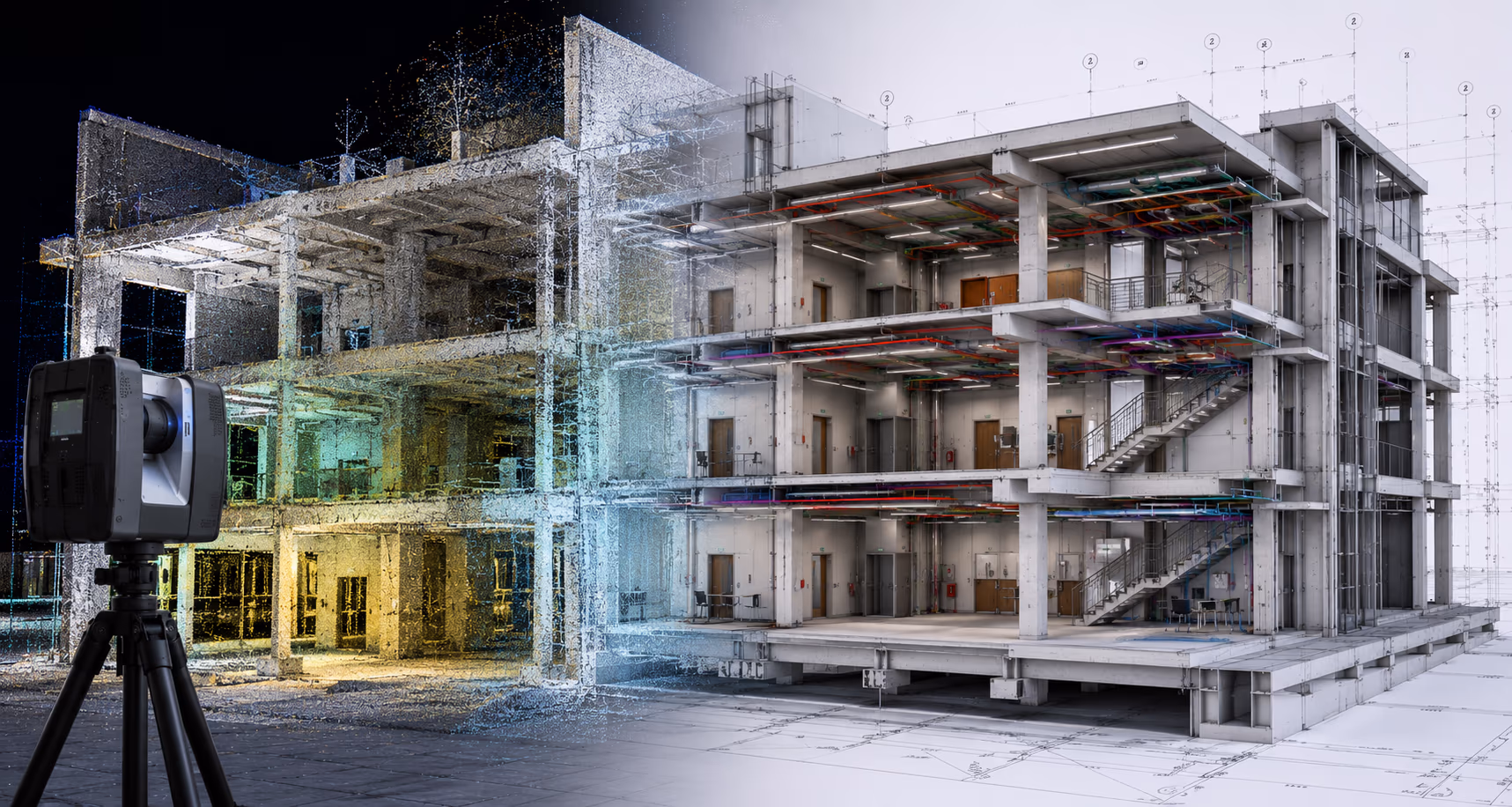 Laser scan point cloud transforming into a detailed BIM building model